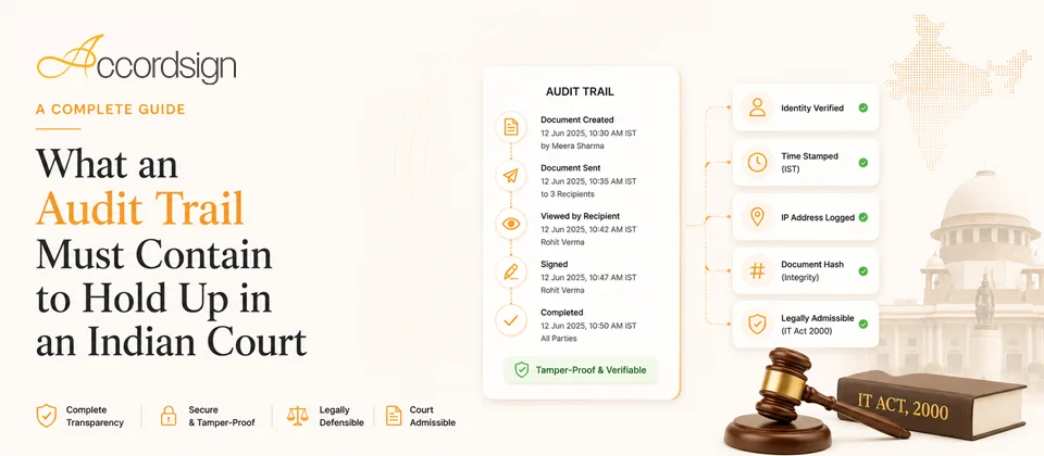 What an audit trail must contain to hold up in an Indian court — document created, sent, viewed, signed and completed, with identity verified, time stamped, IP logged and document hash