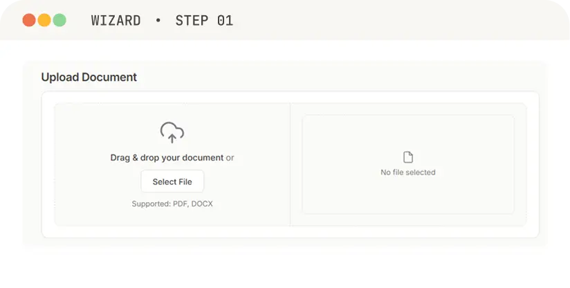 Accordsign wizard, step 1 — upload settings with a file-picker drop zone and an optional expiry date and time.