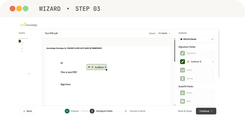 Accordsign wizard, step 3 — placing a signature field on an NDA document with the field configurator on the right.